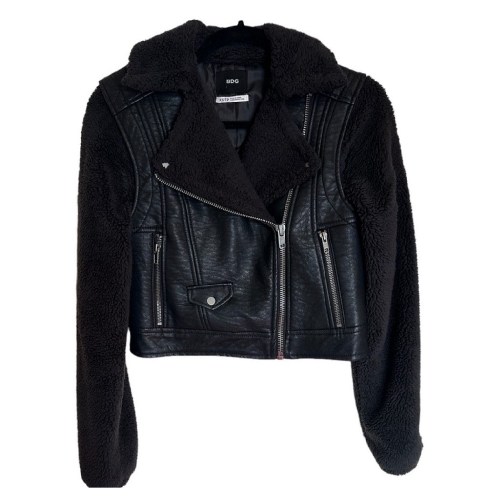 BDG Black Leather Jacket with Sherpa Accents